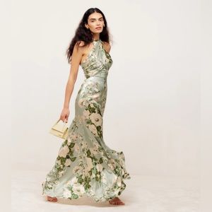 Reformation Veria Green Floral Maxi Silk Dress